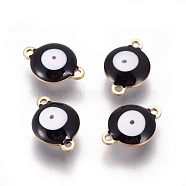 Ion Plating(IP) 304 Stainless Steel Enamel Links connectors, Flat Round with Evil Eye, Golden, Black, 14.5x10x4.5mm, Hole: 1.4mm(STAS-F206-02G-C05)