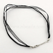 Jewelry Making Necklace Cord, Organza Ribbon & Waxed Cotton Cord & Platinum Plated Iron Clasp, Black, 16.9 inch(43cm), 6mm(FIND-R001-8-NF)