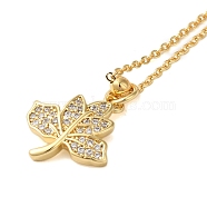 Brass Micro Pave Cubic Zirconia Leaf Pendant Necklaces for Women, Real 18K Gold Plated, Clear, 17.76 inch(451mm)(NJEW-S429-01G-02)