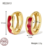 925 Sterling Silver Thick Hoop Earrings, with Enamel, for Women, Real 18K Gold Plated, FireBrick, 12x3mm(TA7225-8)