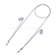 304 Stainless Steel Eyeglasses Chains, Neck Strap for Eyeglasses, with Bear Resin Pendants and Rubber Loop Ends, Stainless Steel Color, Orchid, 27.95 inch(71cm)(AJEW-EH00207-02)
