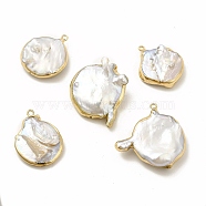 Baroque Natural Keshi Pearl Pendants, Flat Round Charms, with Brass Loops, Light Gold, 26~31x22~31x5~11mm, Hole: 1.6~1.8mm(PEAR-P004-24KCG)