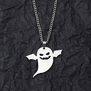 Non-Tarnish 201 Stainless Steel Pendant Necklaces for Man, Ghost, 23.62 inch(60cm), Ghost: 34.5x40.5x1.3mm(NJEW-Q336-02E-P)