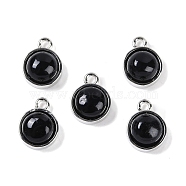 Natural Black Onyx(Dyed & Heated) Pendants, with Platinum Tone Rack Plating Brass, Flat Round, 9.8x7.5x4.3mm, Hole: 1.2mm(G-K372-03P-04)