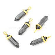 Natural Black Stone Bullet Double Terminated Pointed Pendants, with Golden Tone Random Alloy Pendant Hexagon Bead Cap Bails, 37~40x12.5x10mm, Hole: 3x4.5mm(G-G902-B27)
