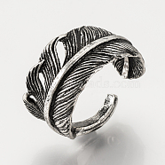Adjustable Alloy Cuff Finger Rings, Wide Band Rings, Feather, Antique Silver, 18.5mm(RJEW-Q159-05)