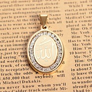 304 Stainless Steel Crystal Rhinestone Flat Oval with Allah Pendants, Arabic Pendants, Golden, 34x22x3mm, Hole: 4x9mm(STAS-E093-07G)