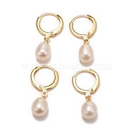 Brass Hoop Earrings, with Natural Pearl, Long-Lasting Plated, Real 18K Gold Plated, White, 28mm, Pin: 0.8mm(EJEW-D275-02G-01)