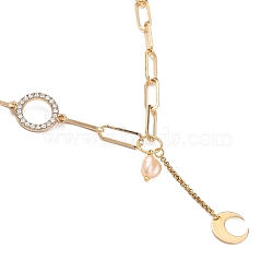 Moon Brass Lariat Necklaces, with Iron Paperclip Chains, Alloy Rhinestone Links, Natural Keshi Pearl Beads and 304 Stainless Steel Toggle Clasps, Golden, 18.90 inch(48cm)(NJEW-JN03041-01)
