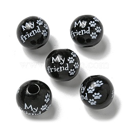 Printed Wood European Beads, Round with Word Pattern, Black, 15.5~16mm, Hole: 4~4.5mm(WOOD-G022-20F)
