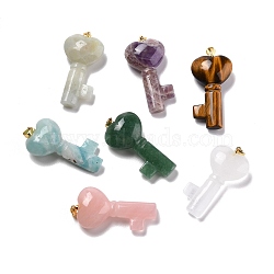 Natural Mixed Gemstone Pendants, with Golden Brass Jump Ring, Key with Heart, 43x22x10.4mm, Hole: 3.8x5mm(G-B020-05G)