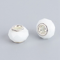 Faceted Glass European Beads, Large Hole Beads, with Silver Tone Brass Core, Rondelle, White, 13.5~14x8.5~9mm, Hole: 5mm(GPDL-E004-01E)