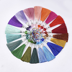 Polyester Tassel Big Pendant Decorations, with Alloy Findings and Glass Beads, Antique Silver, Mixed Color, 145~150mm(FIND-T055-M)