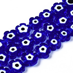 Handmade Lampwork Beads Strands, Flower with Evil Eye, Medium Blue, 10~13x10~13x3~4.5mm, Hole: 0.9mm, about 36~37pcs/strand, 15.35 inch~15.94 inch(39~40.5cm)(X-LAMP-N023-002B-02)