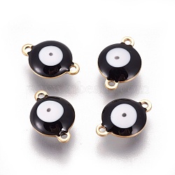 Ion Plating(IP) 304 Stainless Steel Enamel Links connectors, Flat Round with Evil Eye, Golden, Black, 14.5x10x4.5mm, Hole: 1.4mm(STAS-F206-02G-C05)