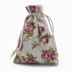Polycotton(Polyester Cotton) Packing Pouches Drawstring Bags, with Printed Flower, Old Lace, 14x10cm(ABAG-T006-A10)