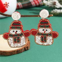 Christmas Style Beaded Earrings with Snowman Pattern and Glass Beads, Colorful, 65x47mm(LN7721-2)