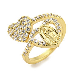 Heart & Virgin Mary Rack Plating Brass Micro Pave Cubic Zirconia Cuff Rings for Women, Cadmium Free & Lead Free, Long-Lasting Plated, Real 18K Gold Plated, Inner Diameter: US Size 7 1/4(17.5mm)(RJEW-F162-11G)