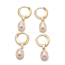 Brass Hoop Earrings, with Natural Pearl, Long-Lasting Plated, Real 18K Gold Plated, White, 25mm, Pin: 0.8mm(EJEW-D275-02G-01)