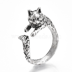 Adjustable Tibetan Style Alloy Cuff Rings, Open Rings, Cat Shape, Antique Silver, US Size 6(16.5mm)(RJEW-T009-12AS)