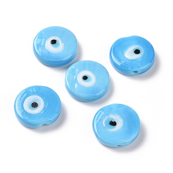 Handmade Evil Eye Lampwork Beads, Flat Round, Light Sky Blue, 17~17.5x4mm, Hole: 1.2mm