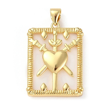 Brass Pave Shell Pendants, Rectangle Charms, Golden, Heart, 24x18x4.5mm, Hole: 5x4mm