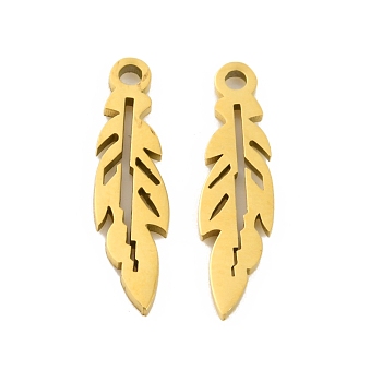 Ion Plating(IP) 304 Stainless Steel Pendants, Laser Cut, Leaf Charm, Real 18K Gold Plated, 18.5x5x1mm, Hole: 1.4mm