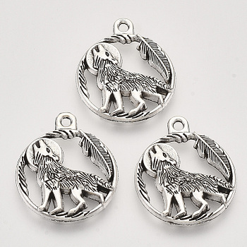 Tibetan Style Alloy Howling Wolf Pendants, Cadmium Free & Lead Free, Flat Round with Wolf, Antique Silver, 25.5x21x3mm, Hole: 1.8mm, about 215pcs/500g