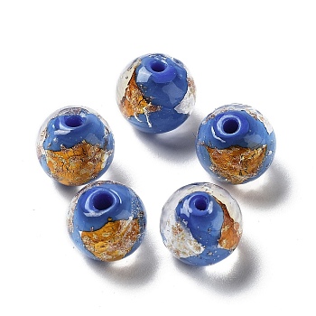 Handmade Lampwork Bead, with Gold Foil, Round, Royal Blue, 11.5~12x11~11.5mm, Hole: 1.8~2mm