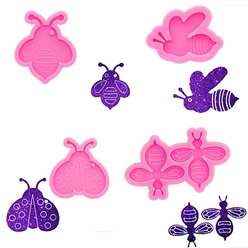 Insect Pendant & Cabochon Silicone Molds, Resin Casting Molds, for UV Resin & Epoxy Resin Jewelry Making Ladybug & Bees, Hot Pink, 43~86x61~87x6~8.5mm, Hole: 4.5~5mm, 4pcs/set