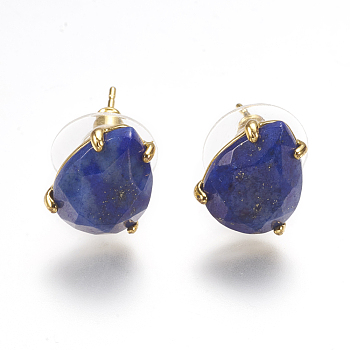 Natural Lapis Lazuli Stud Earrings, with Golden Tone Brass Findings, Faceted Drop, 13.5~14x10.5mm, Pin: 0.8mm