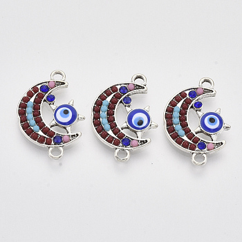 Alloy Links connectors, with Resin, Enamel and Sapphire Rhinestone, Moon with Star and Evil Eye, Antique Silver, Colorful, 24.5x17x3mm, Hole: 2mm