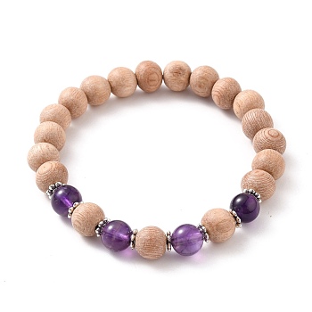 Round Natural Amethyst Beaded Stretch Bracelets, with Natural Wood Beads and Alloy Spacer Beads, Inner Diameter: 2-1/4 inch(5.6cm)