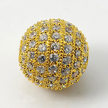 Cubic Zirconia Beads, with Brass Findings, Round, Golden, 10mm, Hole: 1mm
