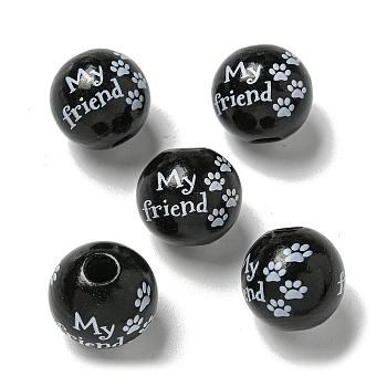 Printed Wood European Beads, Round with Word Pattern, Black, 15.5~16mm, Hole: 4~4.5mm