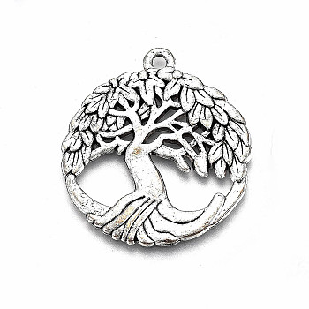 Tibetan Style Alloy Pendants, Lead Free & Cadmium Free, Flat Round with Tree of Life, Antique Silver, 34x30x1.5mm, Hole: 2mm