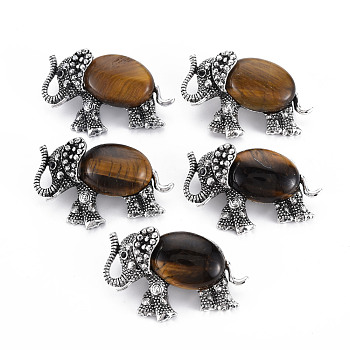Elephant Alloy Brooch, Natural Tiger Eye Lapel Pin with Loop for Backpack Clothes Pendant Jewelry, Cadmium Free & Lead Free, Antique Silver, 29x46x14mm, Hole: 7x4mm, Pin: 0.7mm