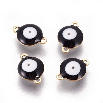 Ion Plating(IP) 304 Stainless Steel Enamel Links connectors, Flat Round with Evil Eye, Golden, Black, 14.5x10x4.5mm, Hole: 1.4mm