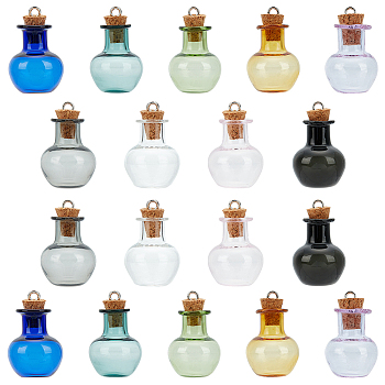 18Pcs 9 Color Transparent Glass Wish Bottle Pendants, with Cork and Iron Findings, Bottle Charms, Mixed Color, 29mm, Hole: 2mm, 2Pcs/color