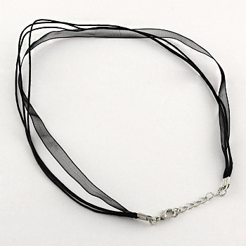 Jewelry Making Necklace Cord, Organza Ribbon & Waxed Cotton Cord & Platinum Plated Iron Clasp, Black, 16.9 inch(43cm), 6mm