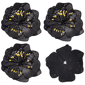 3D Flower Sequin Patches, Glittered Beaded Appliques, with Polyester, Costume Accessories, Black, 110x100~110x3~6mm