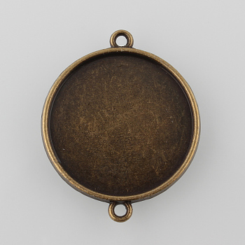 Antique Bronze Tibetan Style Alloy Cabochon Connector Settings, Double-Sided Tray, Flat Round, Cadmium Free & Nickel Free & Lead Free, Tray: 25mm, 34.5x28x3mm, Hole: 2mm