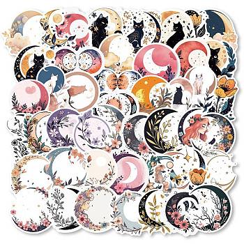 50Pcs PVC Self Adhesive Moon Cartoon Stickers, Waterproof Floral Decals for Laptop, Bottle, Luggage Decor, Mixed Color, 46.5~62x38.5~61x0.2mm