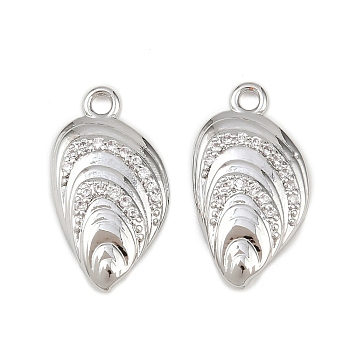 Brass Micro Pave Cubic Zirconia Pendants, Shell Shape, Platinum, 19x10x3mm, Hole: 1.6mm