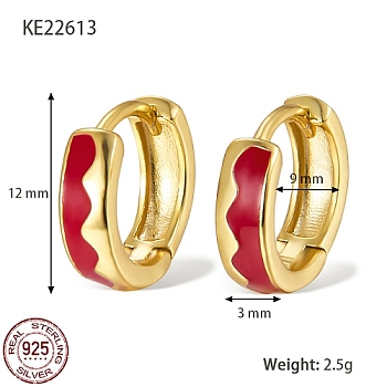 925 Sterling Silver Thick Hoop Earrings, with Enamel, for Women, Real 18K Gold Plated, FireBrick, 12x3mm