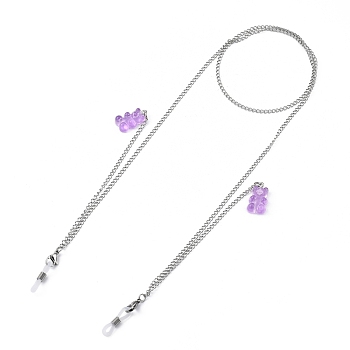 304 Stainless Steel Eyeglasses Chains, Neck Strap for Eyeglasses, with Bear Resin Pendants and Rubber Loop Ends, Stainless Steel Color, Orchid, 27.95 inch(71cm)