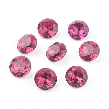 Pointed Back & Back Plated K9 Glass Rhinestone Cabochons, Grade A, Faceted, Flat Round, Fuchsia, 10x5mm