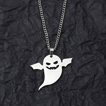 Non-Tarnish 201 Stainless Steel Pendant Necklaces for Man, Ghost, 23.62 inch(60cm), Ghost: 34.5x40.5x1.3mm