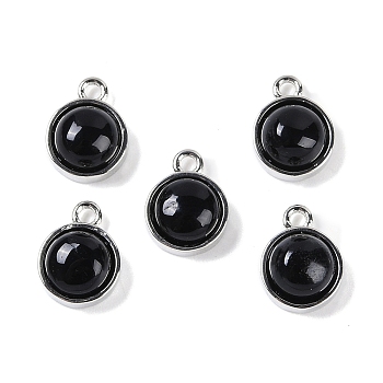 Natural Black Onyx(Dyed & Heated) Pendants, with Platinum Tone Rack Plating Brass, Flat Round, 9.8x7.5x4.3mm, Hole: 1.2mm