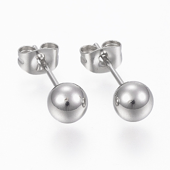 201 Stainless Steel Ball Stud Earrings, Hypoallergenic Earrings, with 316 Surgical Stainless Steel Pins, Stainless Steel Color, 5mm, Pin: 0.8mm